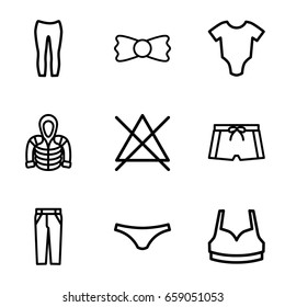 Clothes icons set. set of 9 clothes outline icons such as baby onesie, no bleaching, female underwear, sport bra, pants, woman pants, hoodie, bow tie