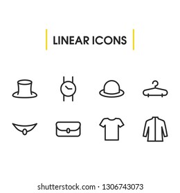 Clothes icons set with bag, fedora and hanger elements. Set of clothes icons and cardigan concept. Editable vector elements for logo app UI design.