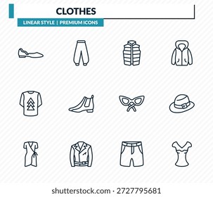 Conjunto de iconos de ropa - bailarinas, pantalones de harén, chaleco acolchado, sombrero de hombre, colección de Vector de contorno de blusa suffle de gasa.