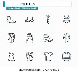 Conjunto de iconos de ropa: botas, sujetador, corbata, kurta, colección de Vector de contorno de suéter.