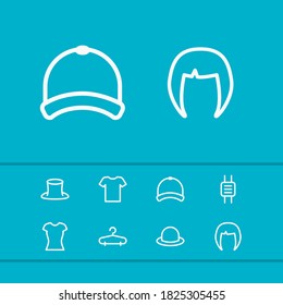 Clothes icons set with cap, hanger and hair elements. Set of clothes icons and wristwatch concept. Editable vector elements for logo app UI design.
