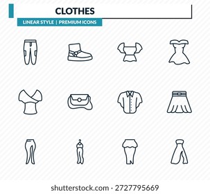 conjunto de ícones de roupas - calça chi, botas de lã, peplum top, saia circular, longo bandeau vestido coleção vetor.