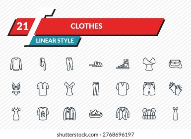 clothes icons set - collarless cotton shirt, one shoulder dress, sweatpants, knit hat with pom pom, long sleeveless dress outline vector collection.