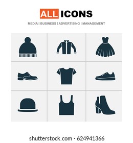 Clothes Icons Set. Collection Of Beanie, Sarafan, Cardigan And Other Elements. Also Includes Symbols Such As Sundress, Boots, Beanie.