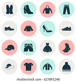 Clothes Icons Set. Collection Of Beanie, Trilby, Sarafan And Other Elements. Also Includes Symbols Such As Half-Hose, Trunks, Ski.