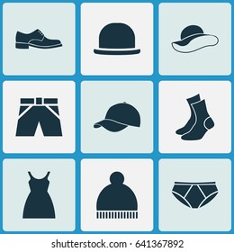 Clothes Icons Set. Collection Of Beanie, Briefs, Dress And Other Elements. Also Includes Symbols Such As Shoes, Male, Trilby.