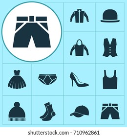 Clothes Icons Set. Collection Of Beanie, Trunks Cloth, Panama And Other Elements. Also Includes Symbols Such As Trunks, Pompom, Tank.