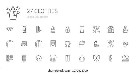 clothes icons set. Collection of clothes with bib, apron, trousers, laundry, baby, thread, washing machine, detergent, iron, dress, shirt. Editable and scalable clothes icons.