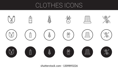 clothes icons set. Collection of clothes with bib, detergent, tie, dress, thimble, sewing. Editable and scalable clothes icons.