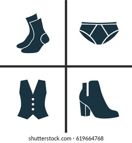 Clothes Icons Set. Collection Of Briefs, Waistcoat, Half-Hose And Other Elements. Also Includes Symbols Such As Pants, Underpants, Shoes.