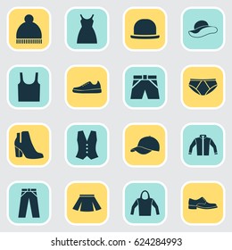 Clothes Icons Set. Collection Of Briefs, Singlet, Trilby And Other Elements. Also Includes Symbols Such As Sweatshirt, Briefs, Woman.