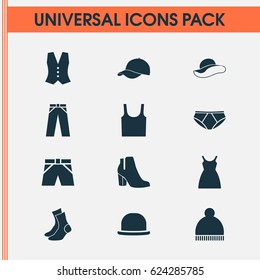 Clothes Icons Set. Collection Of Briefs, Beanie, Half-Hose And Other Elements. Also Includes Symbols Such As Leggings, Sarafan, Boots.