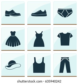 Clothes Icons Set. Collection Of Briefs, Dress, Elegant Headgear And Other Elements. Also Includes Symbols Such As Dress, Sneakers, Trousers.