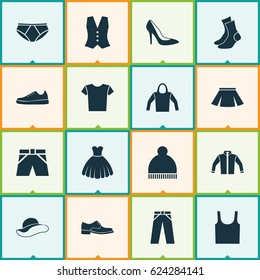 Clothes Icons Set. Collection Of Cardigan, Casual, Sweatshirt And Other Elements. Also Includes Symbols Such As Male, Trousers, Vest.