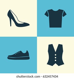 Clothes Icons Set. Collection Of Casual, Heel Footwear, Sneakers And Other Elements. Also Includes Symbols Such As Clothes, Vest, Casual.