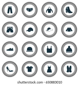 Clothes Icons Set. Collection Of Casual, Briefs, Sweatshirt And Other Elements. Also Includes Symbols Such As Woman, Skirt, Sleeveless.