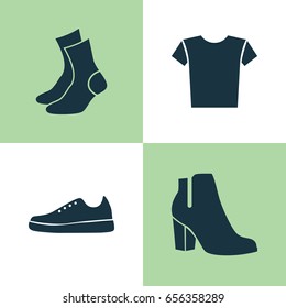 Clothes Icons Set. Collection Of Casual, Sneakers, Half-Hose And Other Elements. Also Includes Symbols Such As Boots, Shoes, Socks.