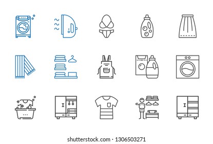 clothes icons set. Collection of clothes with closet, dressing room, shirt, laundry, washing machine, detergent, apron, scarf, skirt, bikini. Editable and scalable clothes icons.