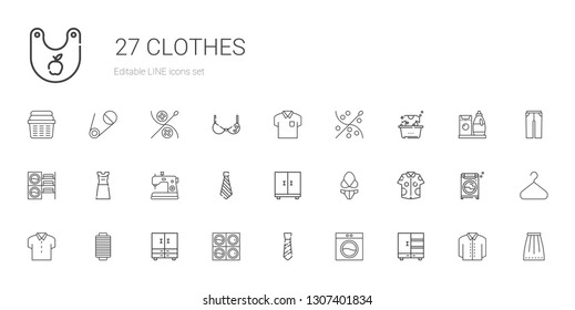 clothes icons set. Collection of clothes with closet, washing machine, tie, thread, shirt, bikini, sewing machine, dress, laundry, sewing. Editable and scalable clothes icons.