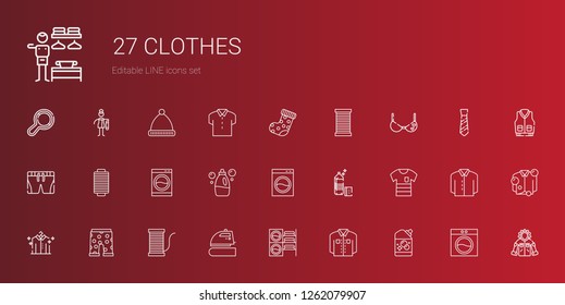 clothes icons set. Collection of clothes with detergent, shirt, washing machine, iron, thread, swim suit, shorts, bra, sock, jacket, tie. Editable and scalable clothes icons.