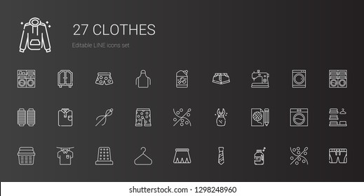 clothes icons set. Collection of clothes with detergent, tie, skirt, hanger, thimble, shirt, laundry, fashion, dress, sewing, swim suit, thread. Editable and scalable clothes icons.