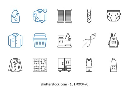 clothes icons set. Collection of clothes with detergent, sportswear, closet, washing machine, suit, apron, sewing, laundry, shirt, diaper. Editable and scalable clothes icons.