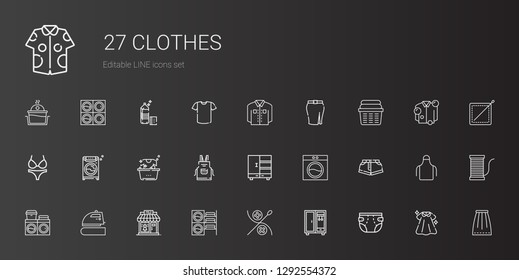 clothes icons set. Collection of clothes with diaper, closet, sewing, washing machine, clothing shop, iron, shorts, apron, laundry, bikini. Editable and scalable clothes icons.
