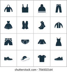 Clothes Icons Set. Collection Of Dress, Stylish Apparel, Beanie And Other Elements. Also Includes Symbols Such As Sweatshirt, Clothes, Vest.