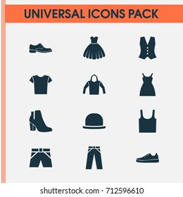 Clothes Icons Set. Collection Of Dress, Female Winter Shoes, Sweatshirt And Other Elements. Also Includes Symbols Such As Sneakers, Clothes, Fedora.