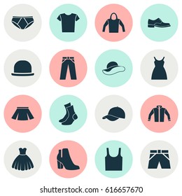 Clothes Icons Set. Collection Of Elegance, Dress, Casual And Other Elements. Also Includes Symbols Such As Boots, Skirt, Briefs.