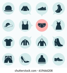 Clothes Icons Set. Collection Of Elegance, Sneakers, Half-Hose And Other Elements. Also Includes Symbols Such As Headgear, Sundress, Shirt.