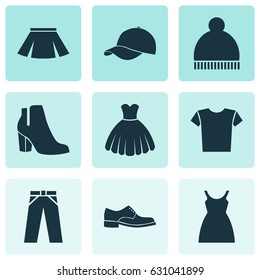 Juego De Iconos De Ropa. Colección De Elegancia, Elegancia, Vestido Y Otros Elementos.