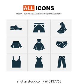 Clothes Icons Set. Collection Of Elegance, Pants, Dress And Other Elements. Also Includes Symbols Such As Woman, Singlet, Male.