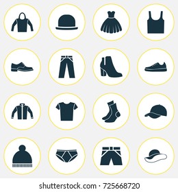 Clothes Icons Set. Collection Of Elegance, Sneakers, Half-Hose And Other Elements. Also Includes Symbols Such As Fedora, Jacket, Garment.