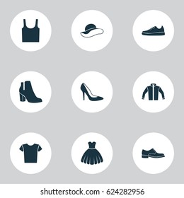 Clothes Icons Set. Collection Of Elegant Headgear, Elegance, Singlet And Other Elements. Also Includes Symbols Such As Elegant, Sleeveless, Jacket.