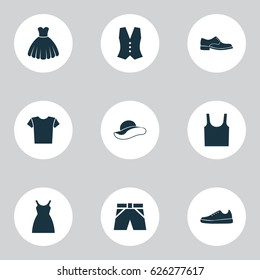 Clothes Icons Set. Collection Of Elegant Headgear, Dress, Elegance And Other Elements. Also Includes Symbols Such As Sneakers, Elegant, Cloth.