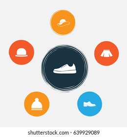 Clothes Icons Set. Collection Of Elegant Headgear, Elegance, Panama And Other Elements. Also Includes Symbols Such As Panama, Footwear, Gumshoes.