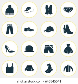 Clothes Icons Set. Collection Of Elegant Headgear, Panama, Cardigan And Other Elements. Also Includes Symbols Such As Briefs, Woman, Skirt.