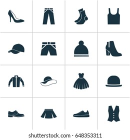 Clothes Icons Set. Collection Of Elegant Headgear, Trilby, Cardigan And Other Elements. Also Includes Symbols Such As Socks, Elegant, Trousers.