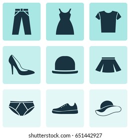 Clothes Icons Set. Collection Of Elegant Headgear, Heel Footwear, Stylish Apparel And Other Elements. Also Includes Symbols Such As Clothes, Elegant, Shirt.