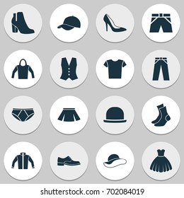 Clothes Icons Set. Collection Of Elegant Headgear, Sweatshirt, Briefs And Other Elements. Also Includes Symbols Such As Dress, Headgear, Socks.