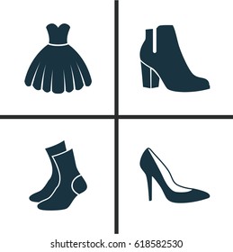 Clothes Icons Set. Collection Of Female Winter Shoes, Heel Footwear, Half-Hose And Other Elements. Also Includes Symbols Such As Sarafan, Garment, Sundress.