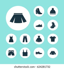 Clothes Icons Set. Collection Of Female Winter Shoes, Dress, Trunks Cloth And Other Elements. Also Includes Symbols Such As Sneakers, Pompom, Shoes.