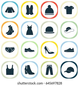 Clothes Icons Set. Collection Of Female Winter Shoes, Panama, Singlet And Other Elements. Also Includes Symbols Such As Dress, Cap, Headgear.