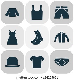 Clothes Icons Set. Collection Of Half-Hose, Casual, Stylish Apparel And Other Elements. Also Includes Symbols Such As Underpants, Briefs, Sarafan.