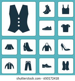 Clothes Icons Set. Collection Of Half-Hose, Casual, Female Winter Shoes And Other Elements. Also Includes Symbols Such As Garment, Woman, Cardigan.