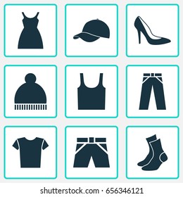 Clothes Icons Set. Collection Of Half-Hose, Casual, Singlet And Other Elements. Also Includes Symbols Such As Ski, Trilby, Clothes.