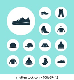 Clothes Icons Set. Collection Of Half-Hose, Sarafan, Pants And Other Elements. Also Includes Symbols Such As Ski, Pompom, Beanie.