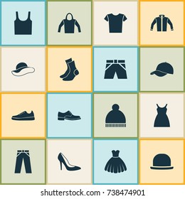 Clothes Icons Set. Collection Of Half-Hose, Dress, Elegance And Other Elements. Also Includes Symbols Such As Hat, Pompom, Shorts.