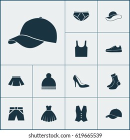 Clothes Icons Set. Collection Of Heel Footwear, Trilby, Sarafan And Other Elements. Also Includes Symbols Such As Tank, Singlet, Underpants.